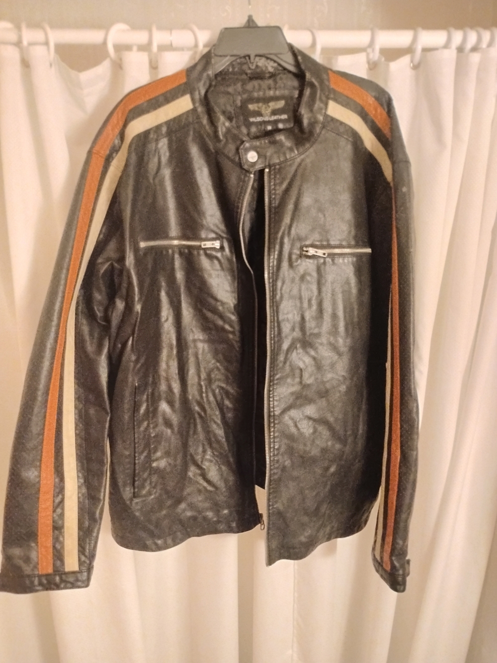 Wilsons Leather Black Bomber Jacket with Orange and Cream Stripes